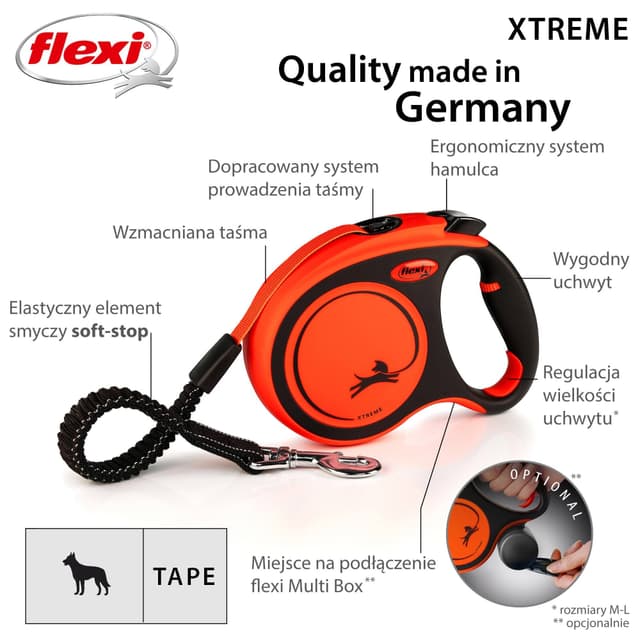 Smycz dla psa Flexi Xtreme, taśma, pomarańczowa, roz. S, 5 m, 20 kg