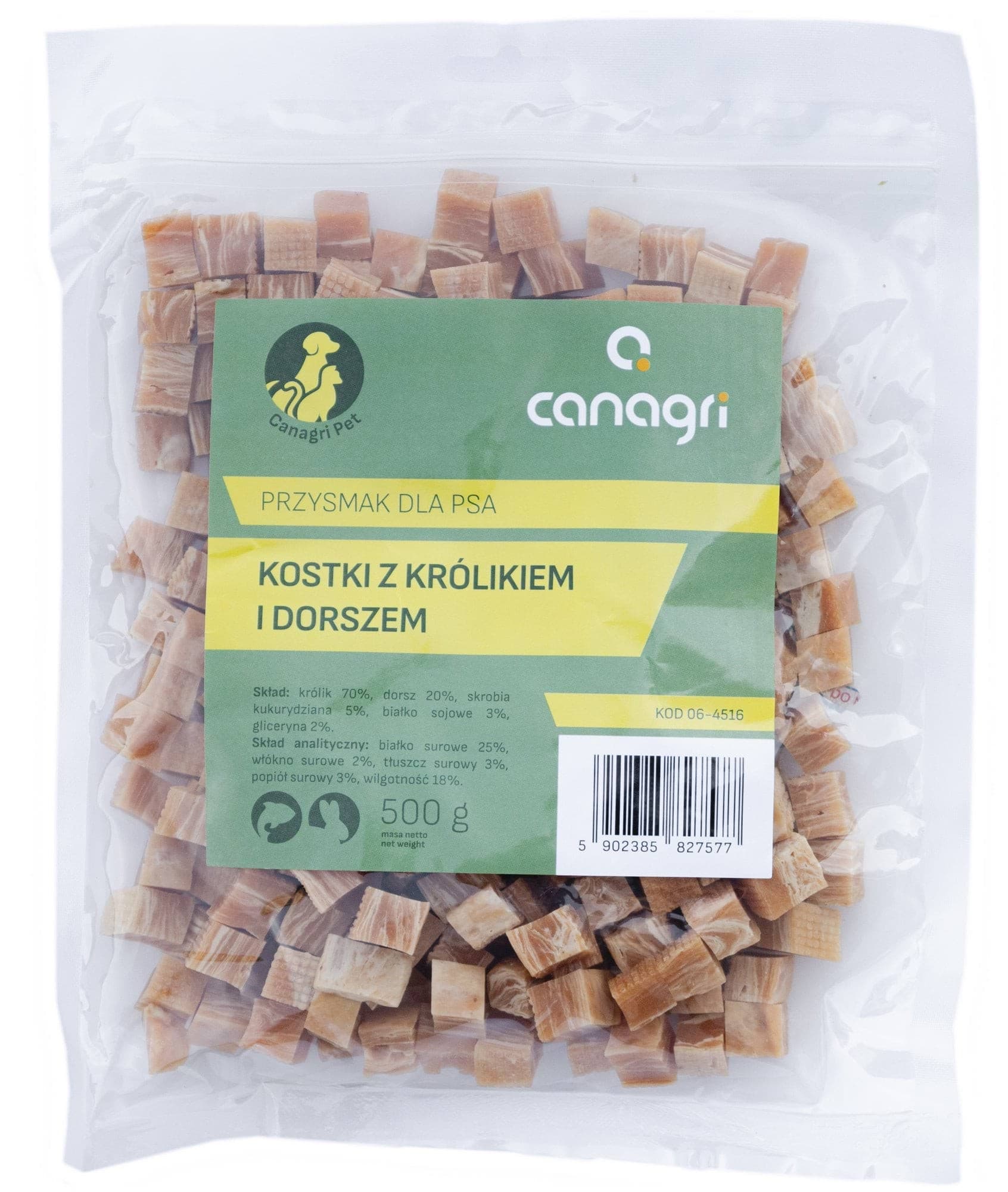 Przysmak dla psa, kostki z królikiem i dorszem, 500 g, Can Agri