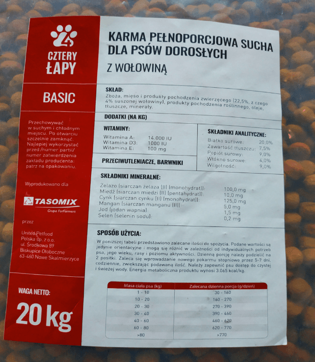 CZTERY ŁAPY - sucha karma dla psów dorosłych, WOŁOWINA, 20kg