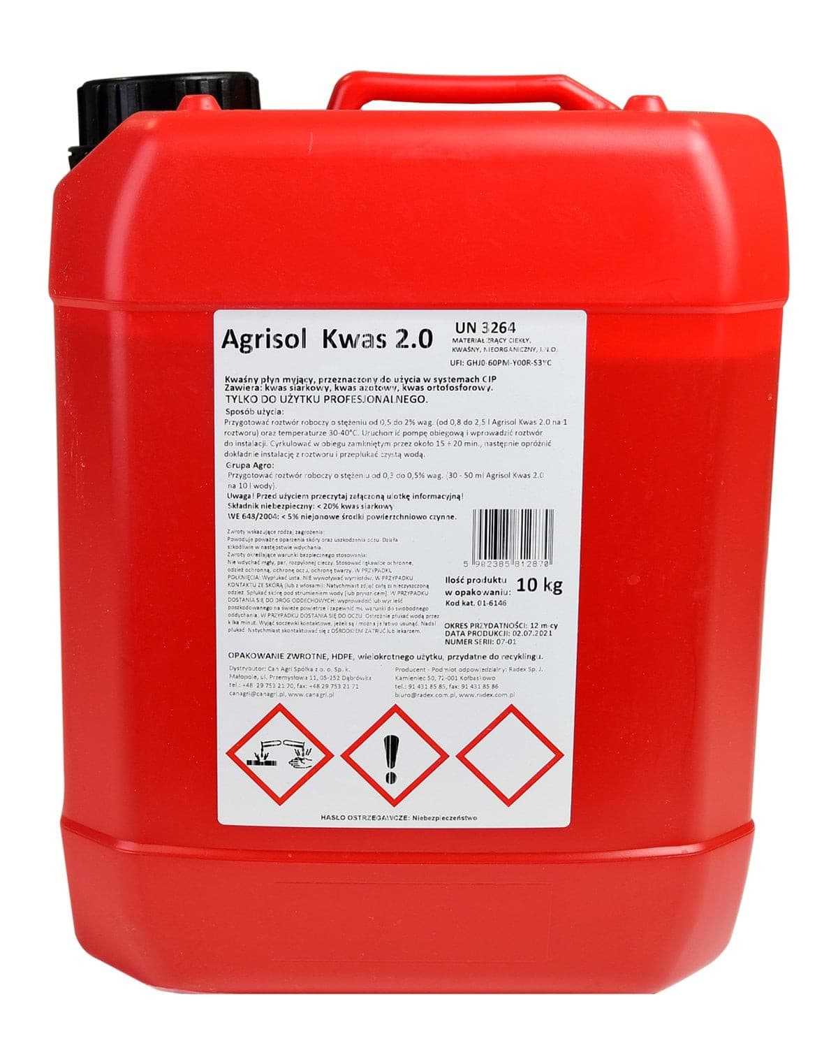 Kwaśny preparat myjący Agrisol Kwas 2.0, 10 kg, Can Agri