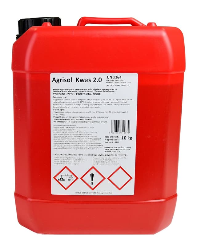 Kwaśny preparat myjący Agrisol Kwas 2.0, 10 kg, Can Agri