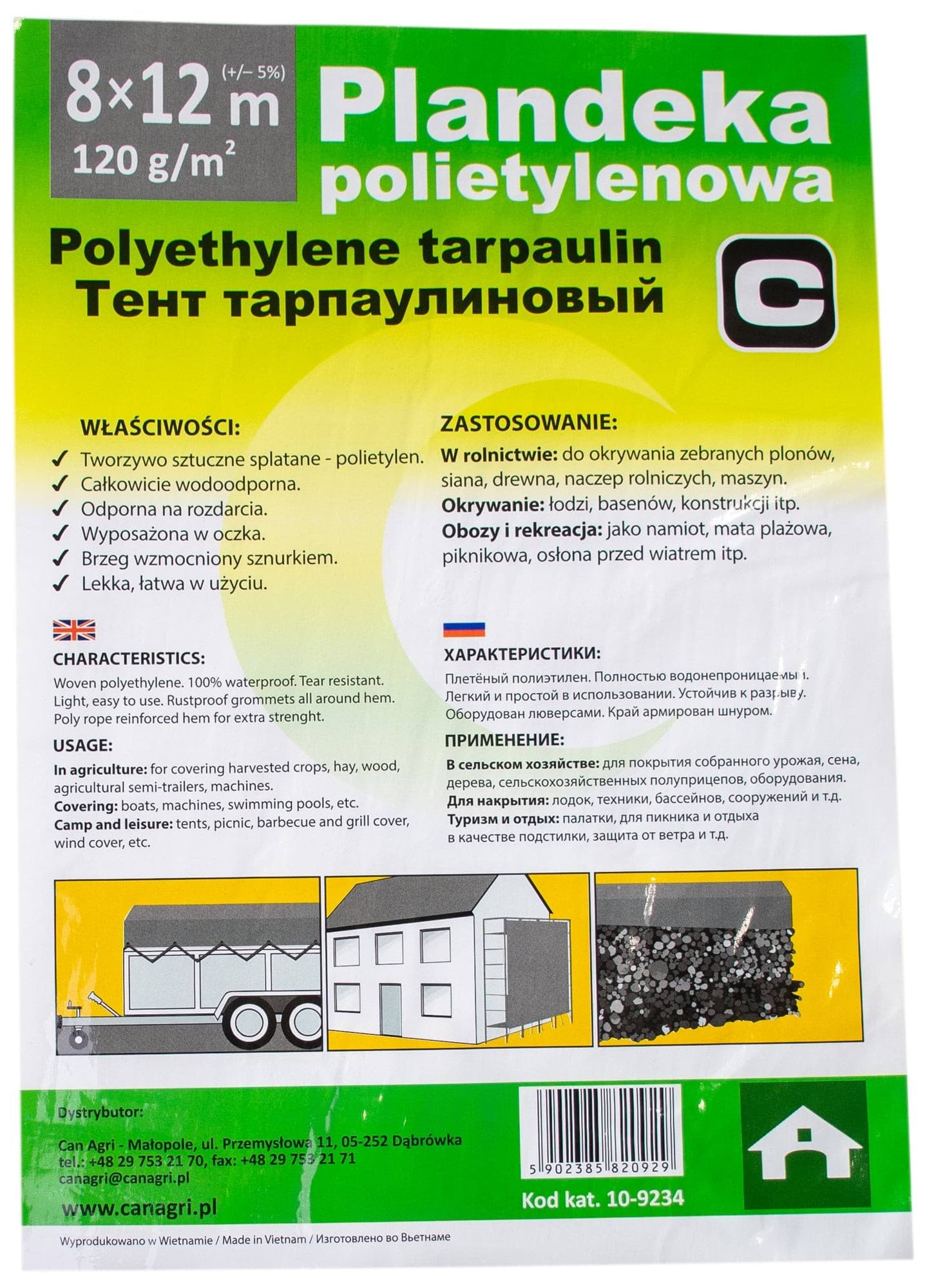 Plandeka 8x12 m, 120 g, srebrna, PE, Can Agri