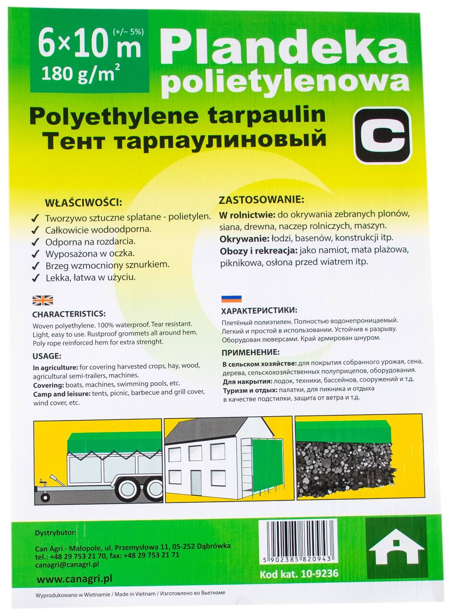Plandeka 6x10 m, 180 g, zielona, PE, Can Agri