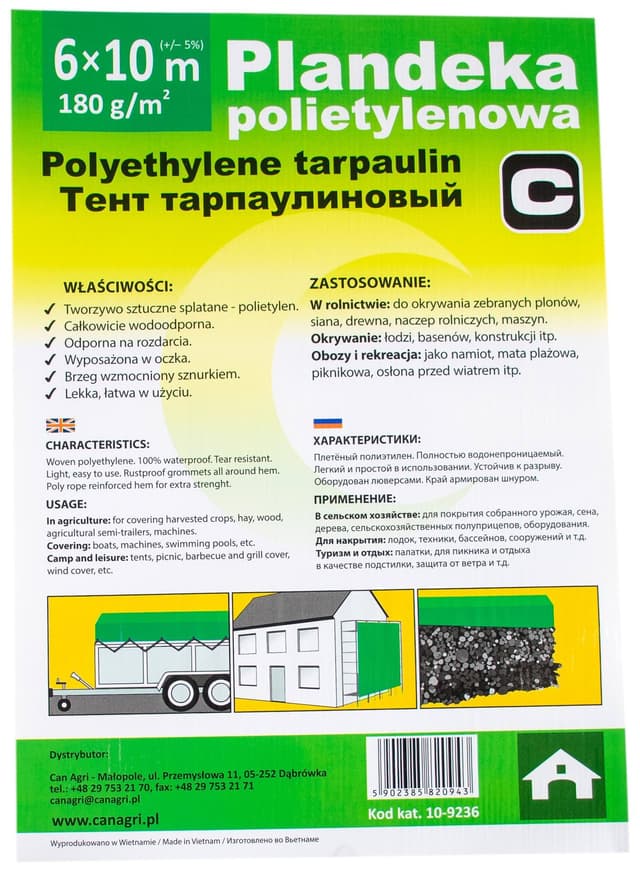 Plandeka 6x10 m, 180 g, zielona, PE, Can Agri