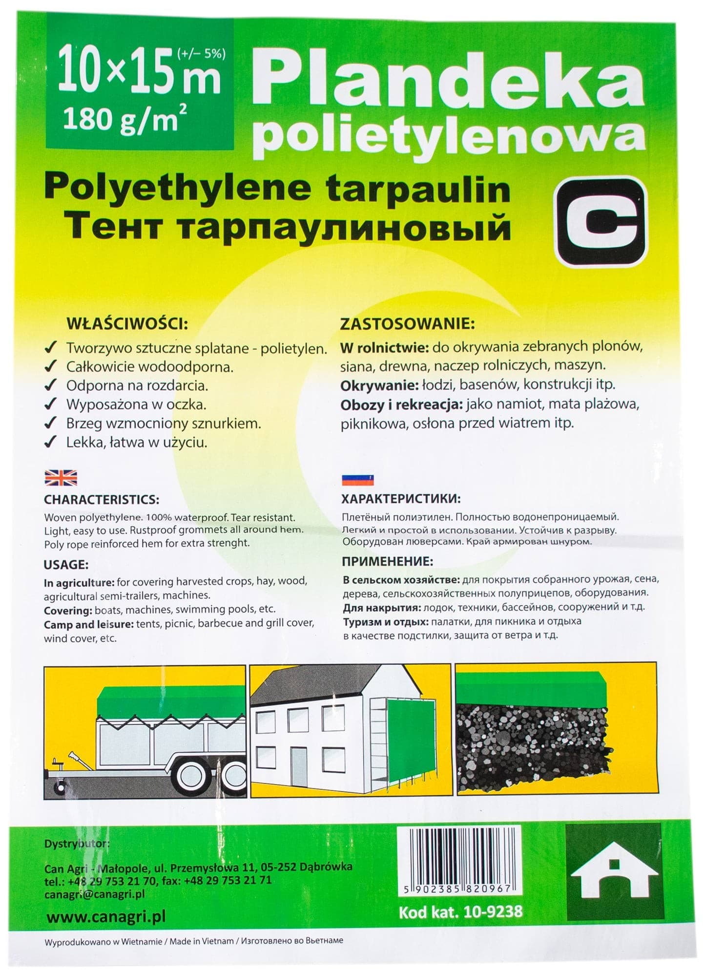 Plandeka 10x15 m, 180 g, zielona, PE, Can Agri