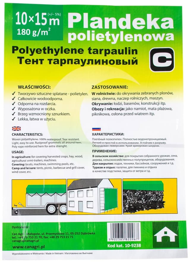 Plandeka 10x15 m, 180 g, zielona, PE, Can Agri