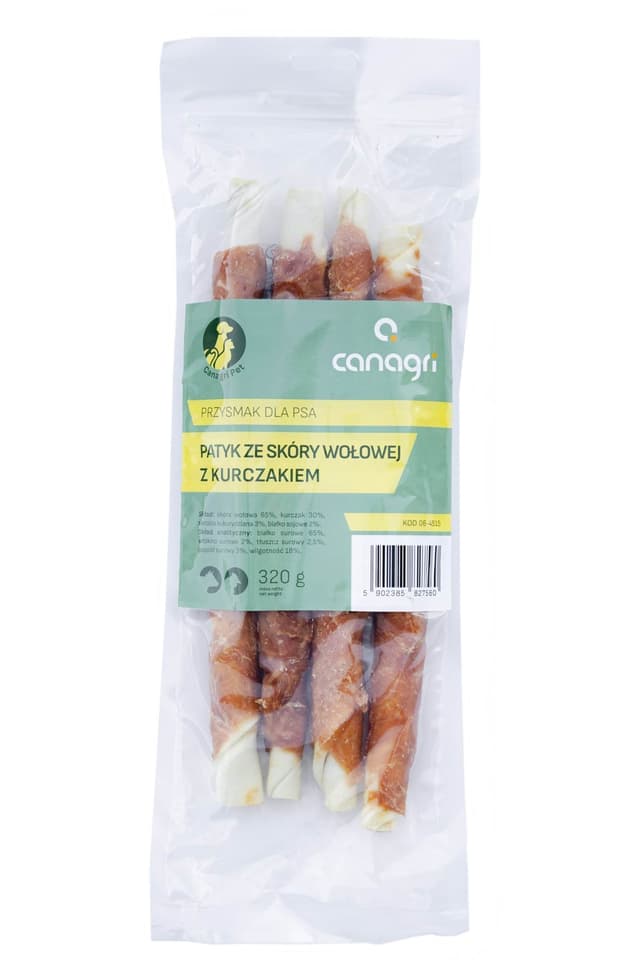 Przysmak dla psa 28 cm patyk ze skóry wołowej z kurczakiem 320 g Can Agri
